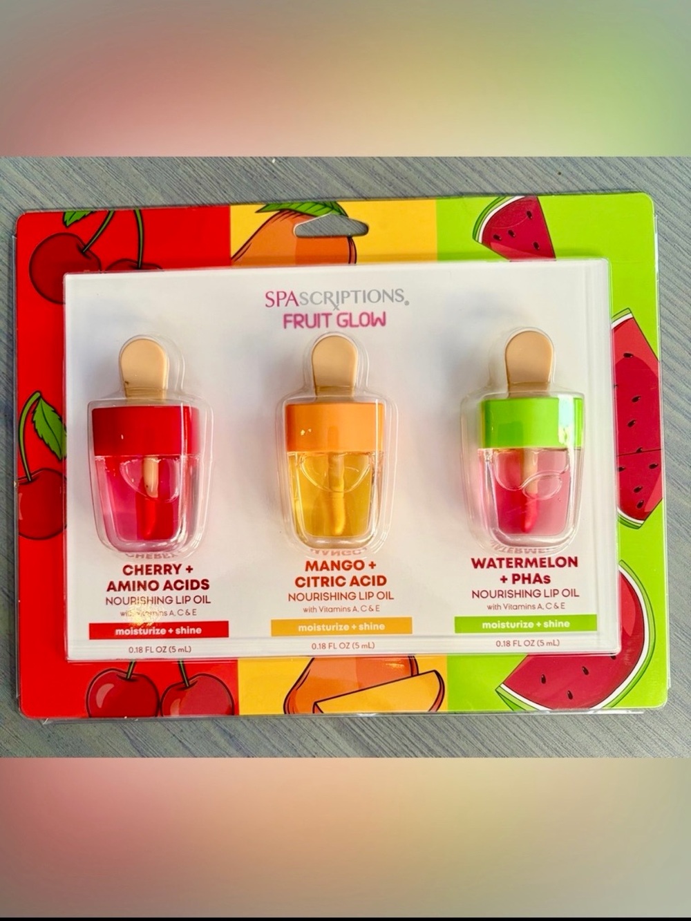 SpaScriptions 3 Pack Lippy Lip Oil Trio Fruit Glow - Cherry, Mango, Watermelon 🌼
